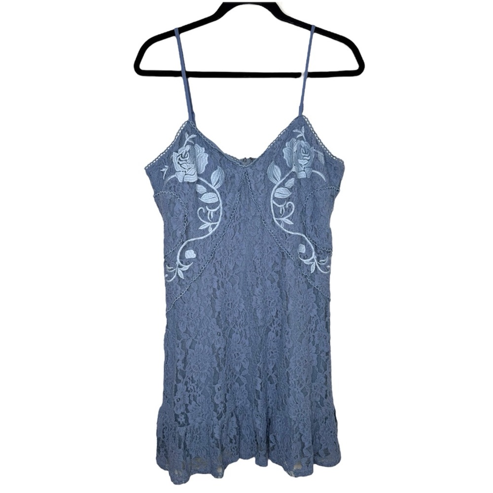 Aqua womens L floral lace embroidery mini sleeveless dress fairy prom whimsical